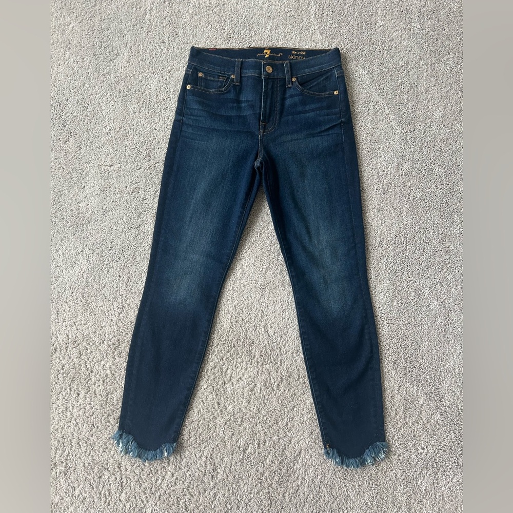 7 For All Mankind Roxanne Ankle Jeans dark wash scalloped fray hem size 27